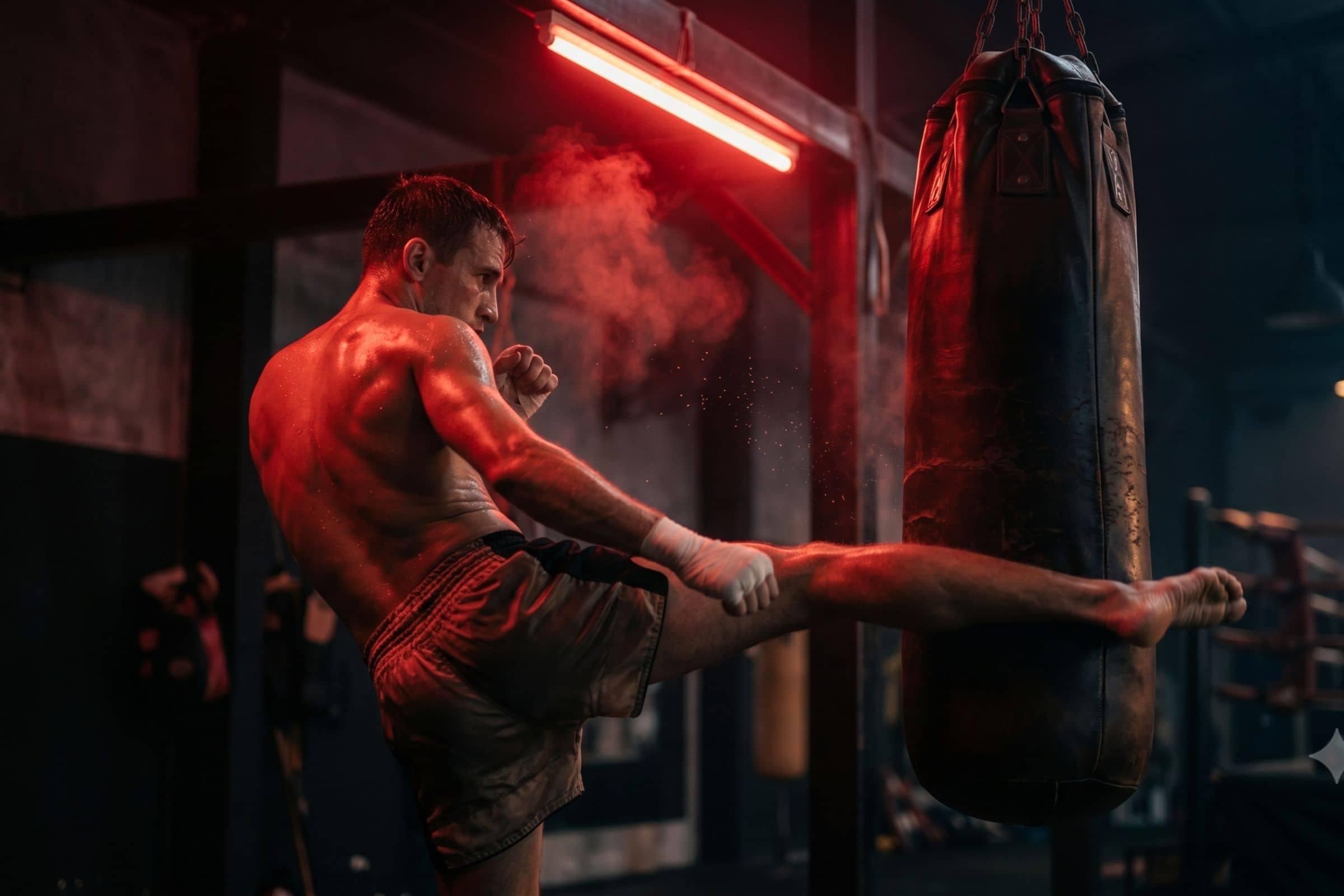 Combattant de boxe thaï qui travaille son cardio en frappant un sac dans une salle sombre