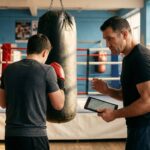 Ancien combattant devenu coach sportif indépendant encadrant un élève dans une salle de boxe