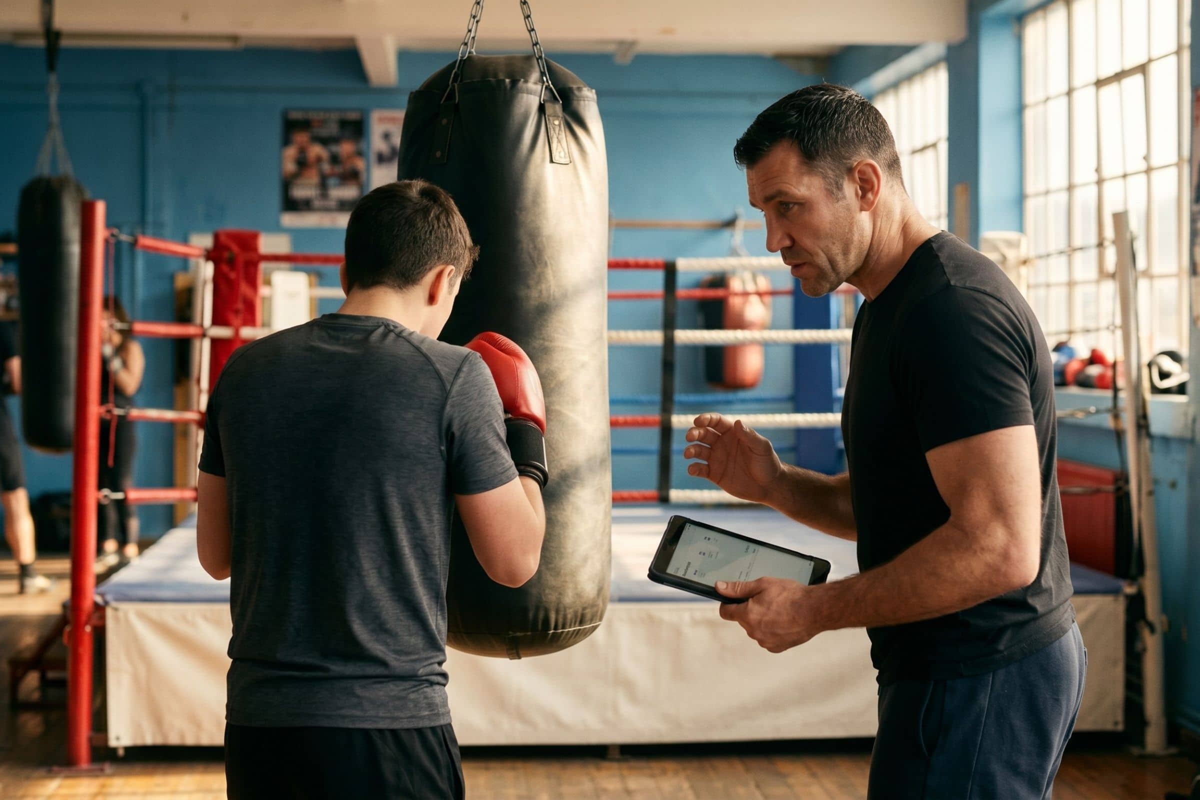 Ancien combattant devenu coach sportif indépendant encadrant un élève dans une salle de boxe