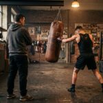 Coach de sport de combat observant un boxeur frapper un sac dans une salle d'entraînement