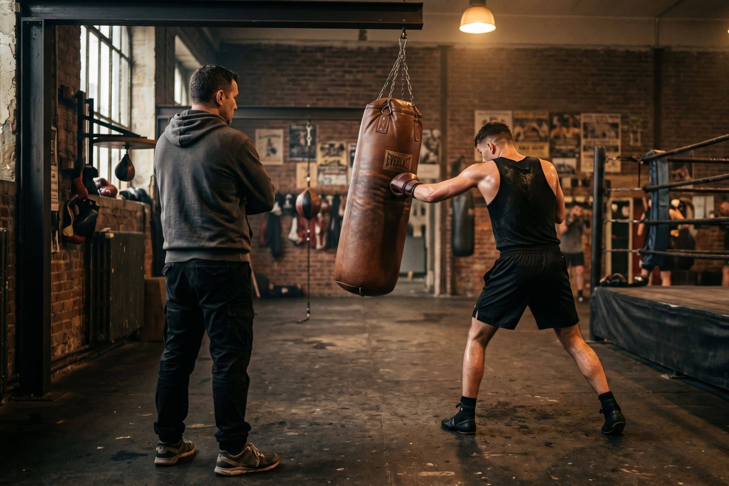 Coach de sport de combat observant un boxeur frapper un sac dans une salle d'entraînement