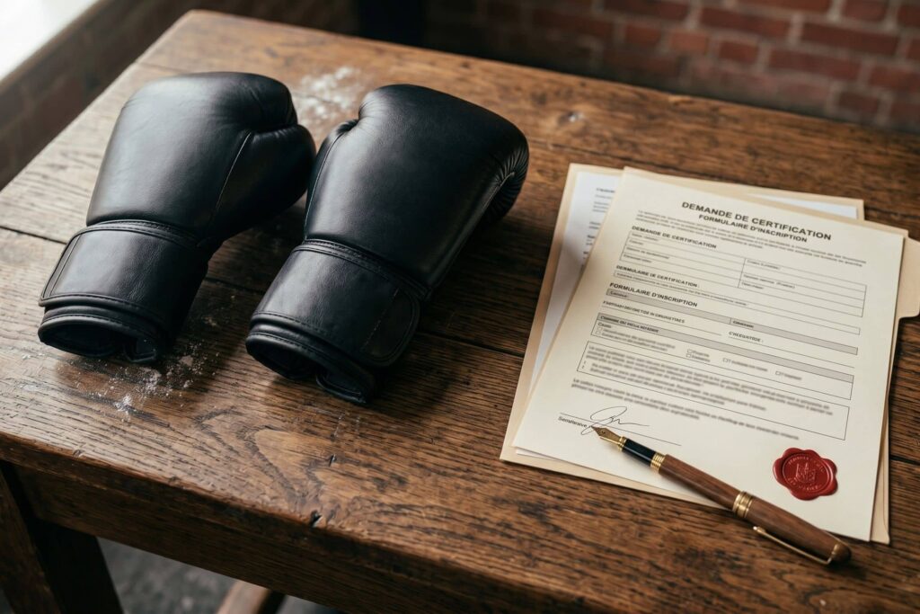 Gants de boxe posés à côté d'un dossier de diplôme, symbole du parcours vers la carte professionnelle