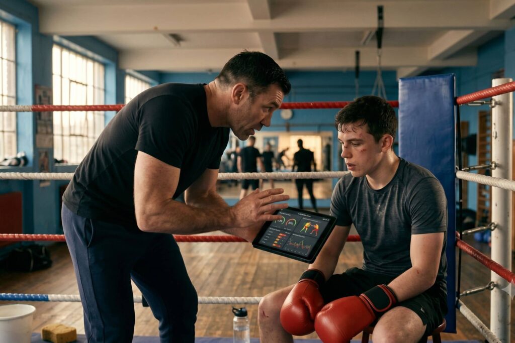Coach sportif indépendant spécialisé combat gérant ses réservations près d'un sac de frappe
