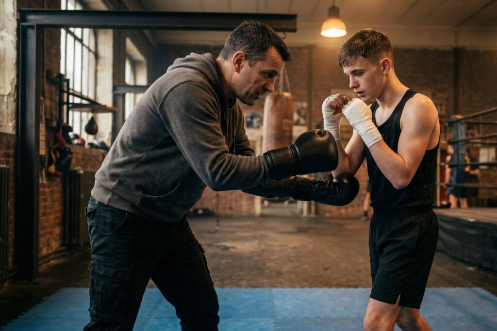Coach de boxe montrant une technique de garde à un débutant sur le tapis